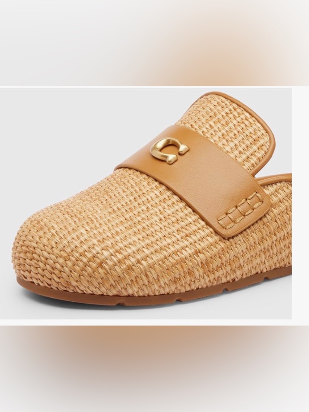 🤎 Coach Bag Natural Tan Straw Raffia Gold & Leather Slip-On Mule Clog Sneaker 11 - Picture 3 of 12